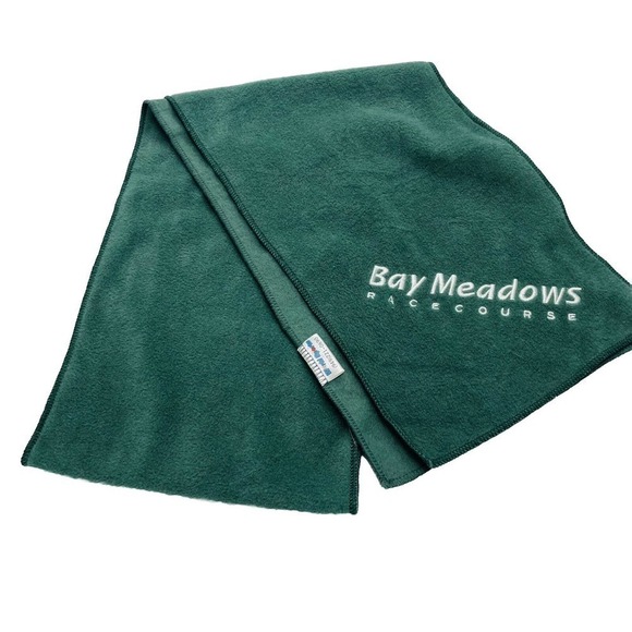 Vintage Bay Meadows Racetrack Scarf Rectangular Green Embroidered Logo Horse - Picture 1 of 5